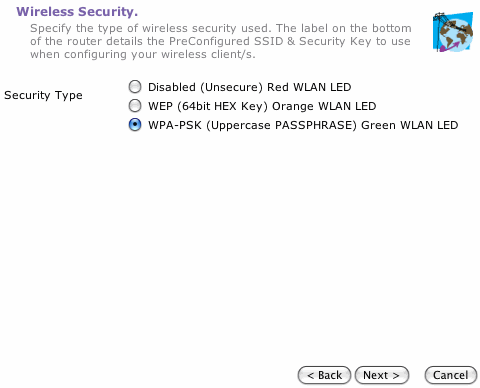 Choose your Wireless Security level, it's best to leave this as WPA-PSK.
