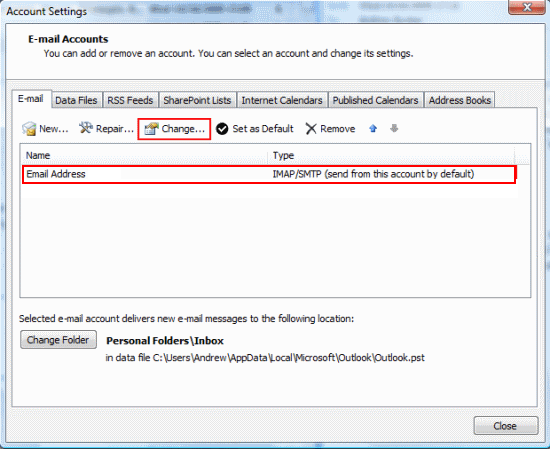 Choose the account you want to edit and click 'Change...'