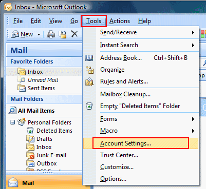 Click 'Tools' and select 'Accounts Settings...'