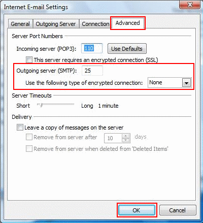 Check that 'Outgoing server (SMTP)' port is 25 and make sure encryption is set to 'None'.