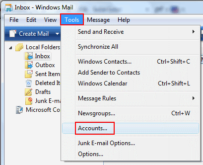 Click 'Tools' and select 'Accounts...'