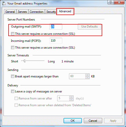 Make sure the SMTP port number is 25 and 'This server requires a secure connection (SSL)' is unticked.