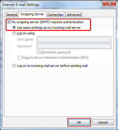 Select the Outgoing Server tab and tick My Outgoing server (SMTP) requires authentication. This will allow you to select Use same settings as my incoming mail server.