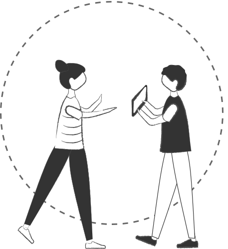 A woman and man standing and sharing a tablet device